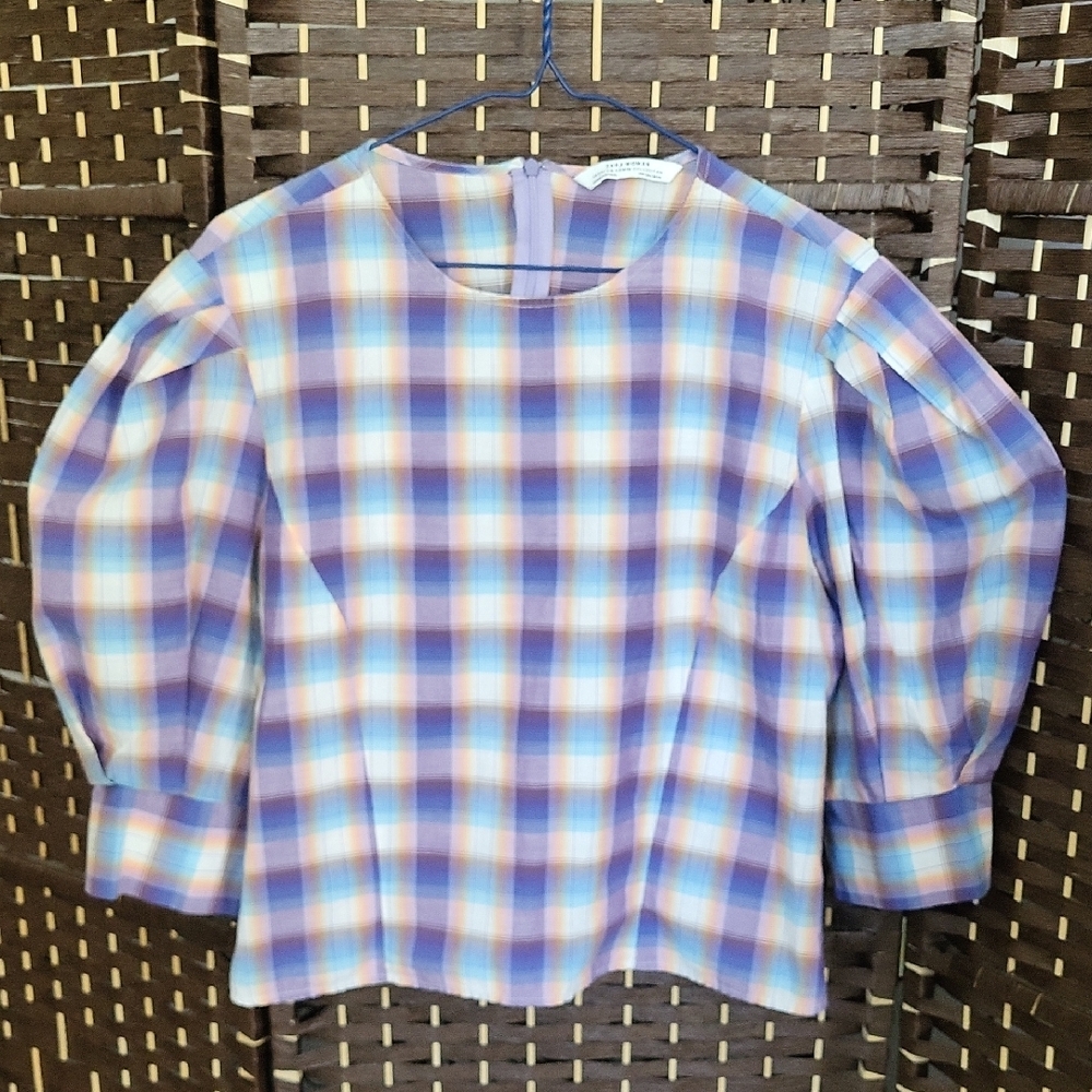 Zara Blue and Pink Plaid Blouse